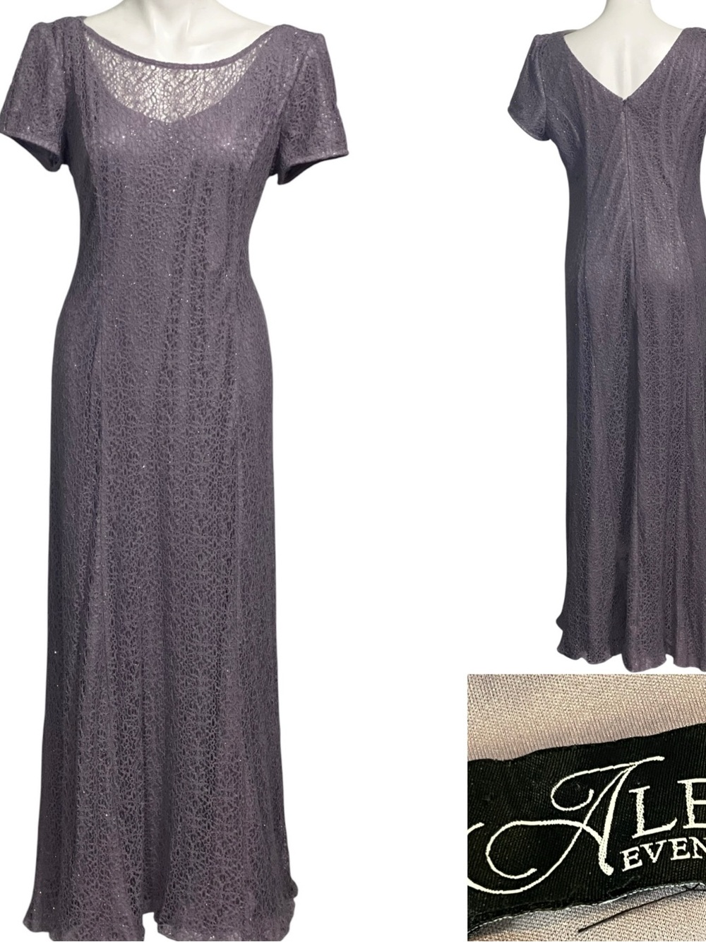 Alex Evenings Evening Dress plus sz 16w Dusty Lavender purple Lace Short-Sleeve